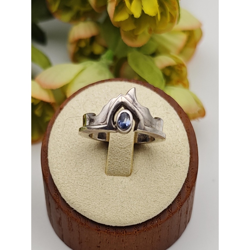 Abstract Mountain Artisan Ring Women Size 6.5 Silver Sapphire Nature Jewelry